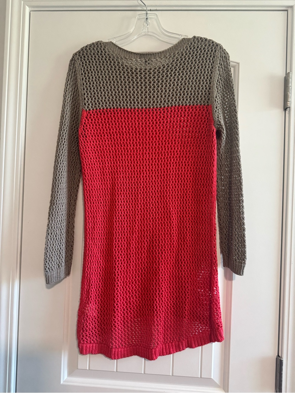 Apt. 9 Two-Tone Open Knit Long Sleeve Dress - Red and Gray